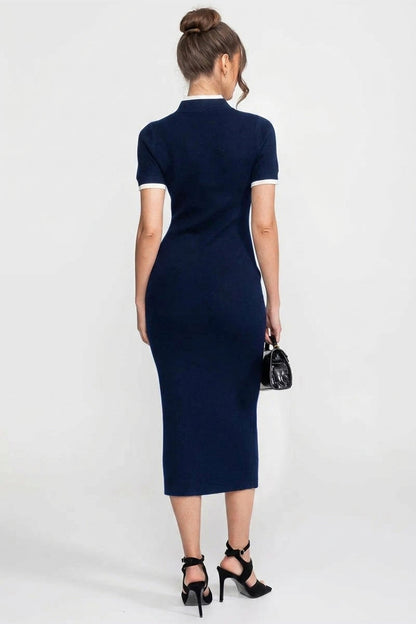 Ribbed Knit Midi Dress | Women's Contrast Trim Knit Dress | Decorative Pockets | Navy | Steven & Levon