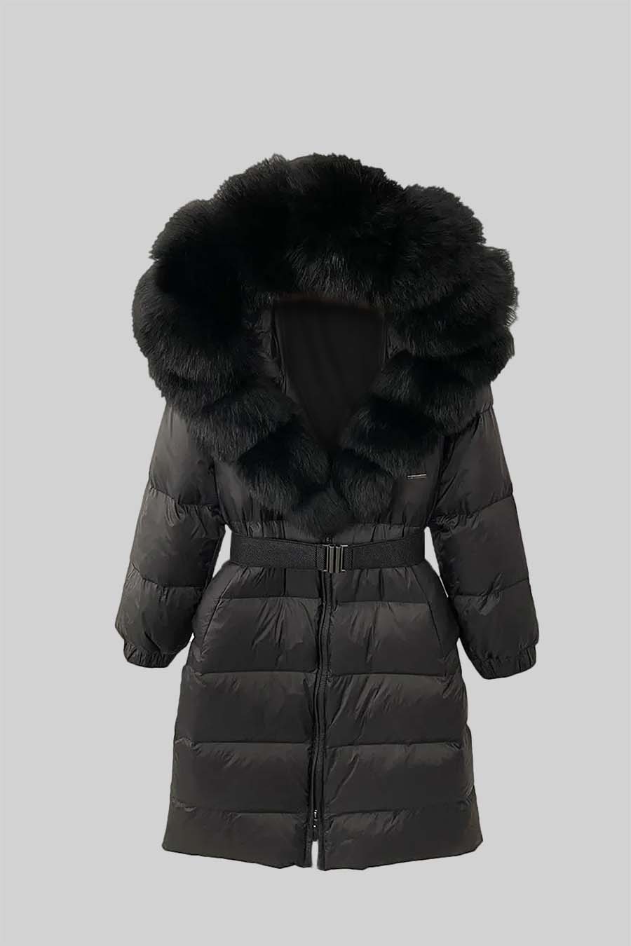 Long Puffer Jacket | Women's Quilted Puffer Coat | Black Fur-Lined Hood, Insulated Winter Outerwear | Steven & Levon