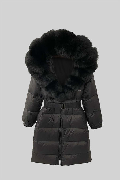 Long Puffer Jacket | Women's Quilted Puffer Coat | Black Fur-Lined Hood, Insulated Winter Outerwear | Steven & Levon