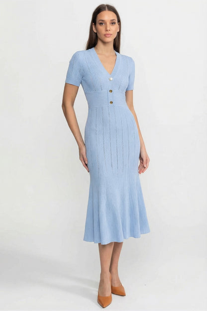 Ribbed Knit Midi Dress | Women | V-Neck | Gold Buttons | Blue | Steven & Levon