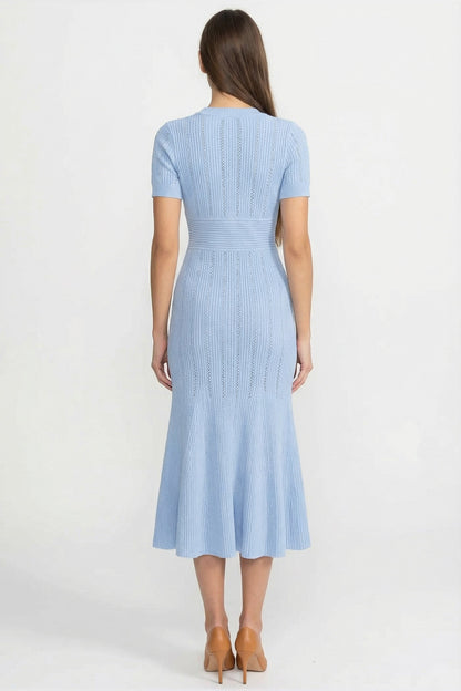 Ribbed Knit Midi Dress | Women | V-Neck | Gold Buttons | Blue | Steven & Levon