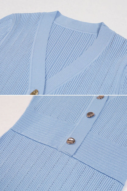 Ribbed Knit Midi Dress | Women | V-Neck | Gold Buttons | Blue | Steven & Levon