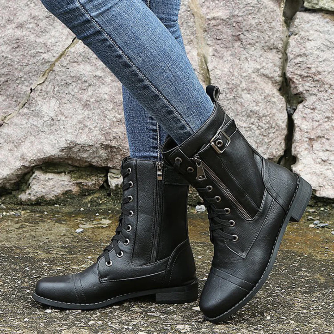 Lace-Up Ankle Boots for Women | Side Zip | Buckle Detail | Combat Style | Steven & Levon