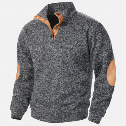 Men's Knitted Jumper | Stand Collar Half Button Pullover | Elbow Patch Sweater | Steven & Levon