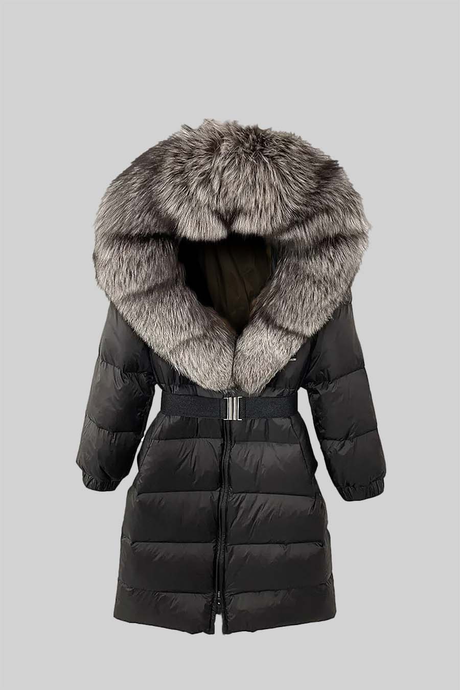 Long Puffer Jacket | Women's Quilted Puffer Coat | Grey Fur-Lined Hood, Black Insulated Winter Outerwear | Steven & Levon