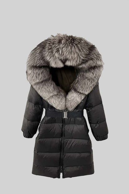 Long Puffer Jacket | Women's Quilted Puffer Coat | Grey Fur-Lined Hood, Black Insulated Winter Outerwear | Steven & Levon