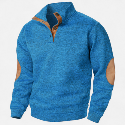 Men's Knitted Jumper | Stand Collar Half Button Pullover | Elbow Patch Sweater | Steven & Levon