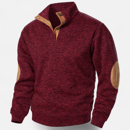 Men's Knitted Jumper | Stand Collar Half Button Pullover | Elbow Patch Sweater | Steven & Levon