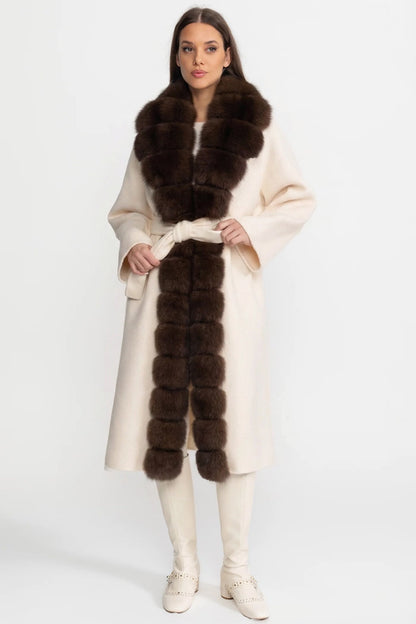 Wool Long Coat | Women | Fox Fur Front | Ivoire Brown | Winter Outerwear | Steven & Levon