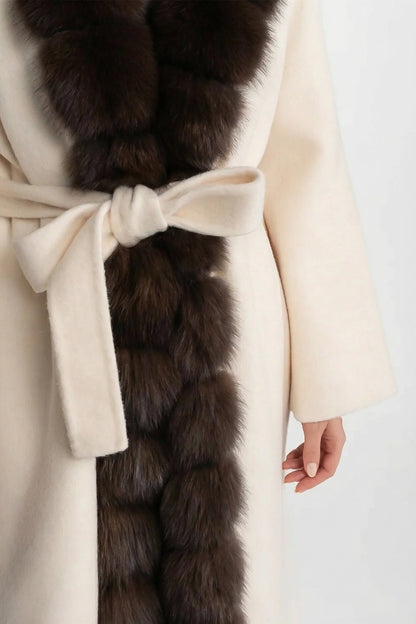 Wool Long Coat | Women | Fox Fur Front | Ivoire Brown | Winter Outerwear | Steven & Levon