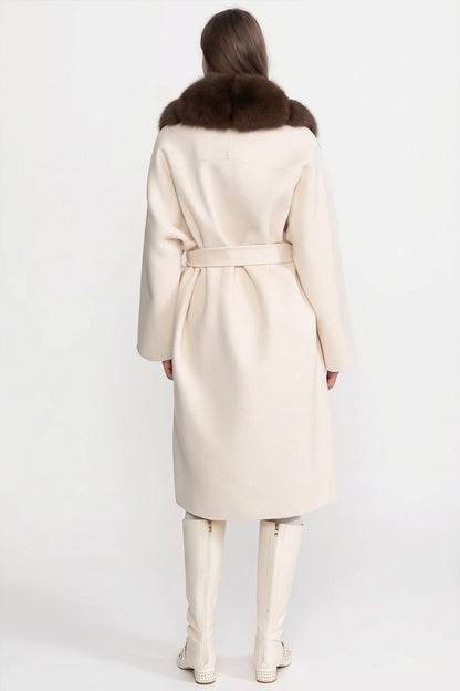 Wool Long Coat | Women | Fox Fur Front | Ivoire Brown | Winter Outerwear | Steven & Levon