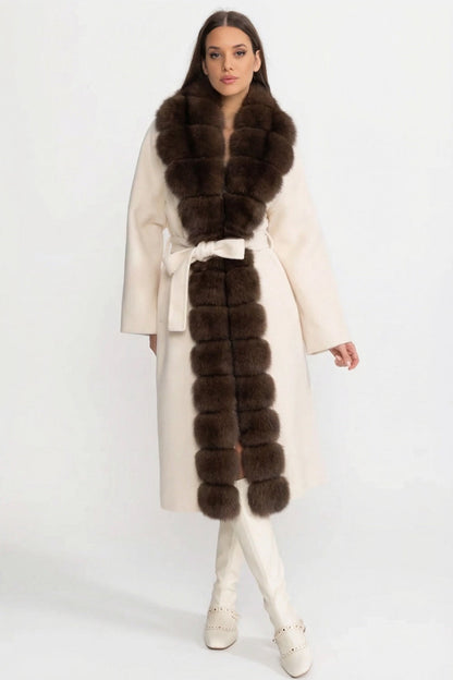 Wool Long Coat | Women | Fox Fur Front | Ivoire Brown | Winter Outerwear | Steven & Levon