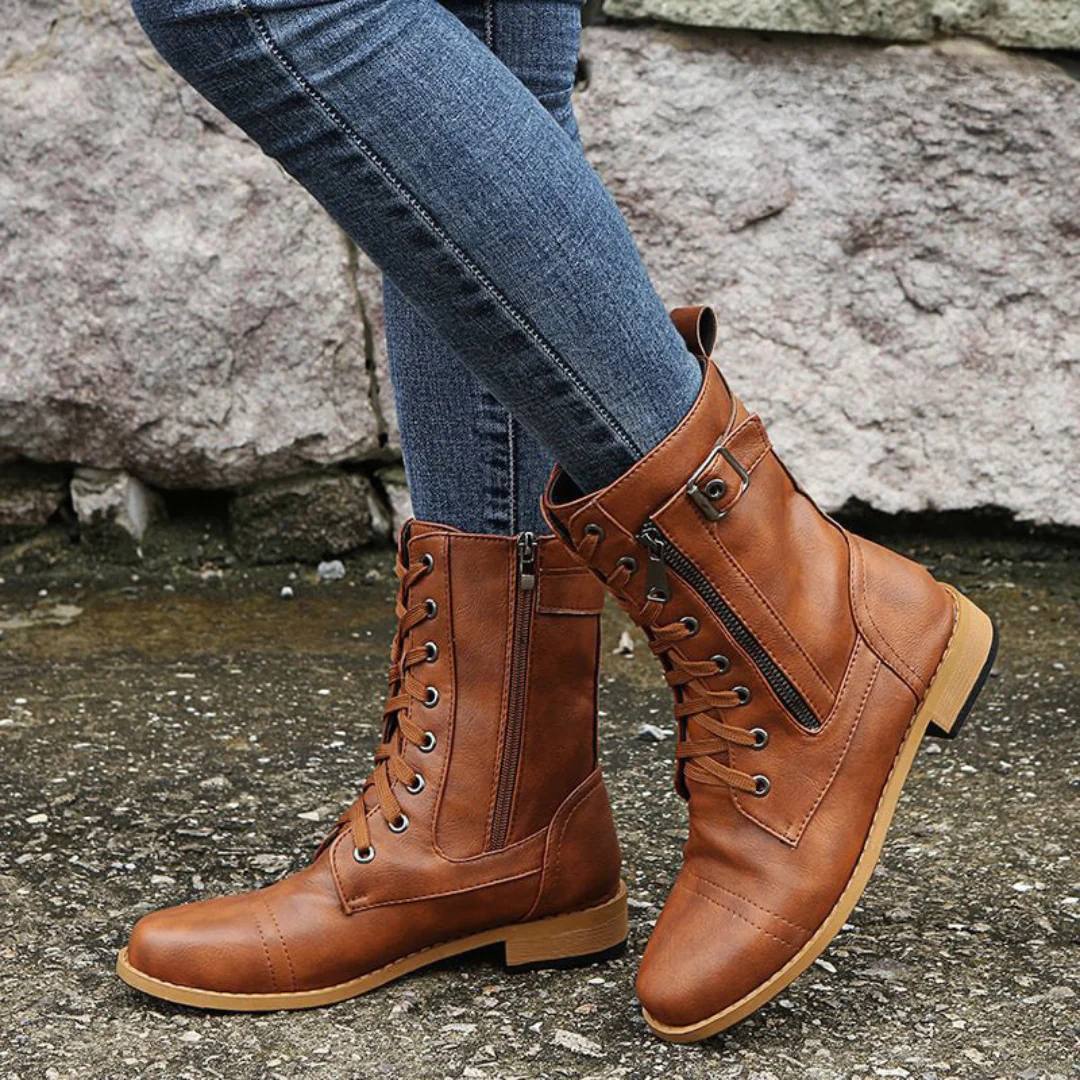 Lace-Up Ankle Boots for Women | Side Zip | Buckle Detail | Combat Style | Steven & Levon