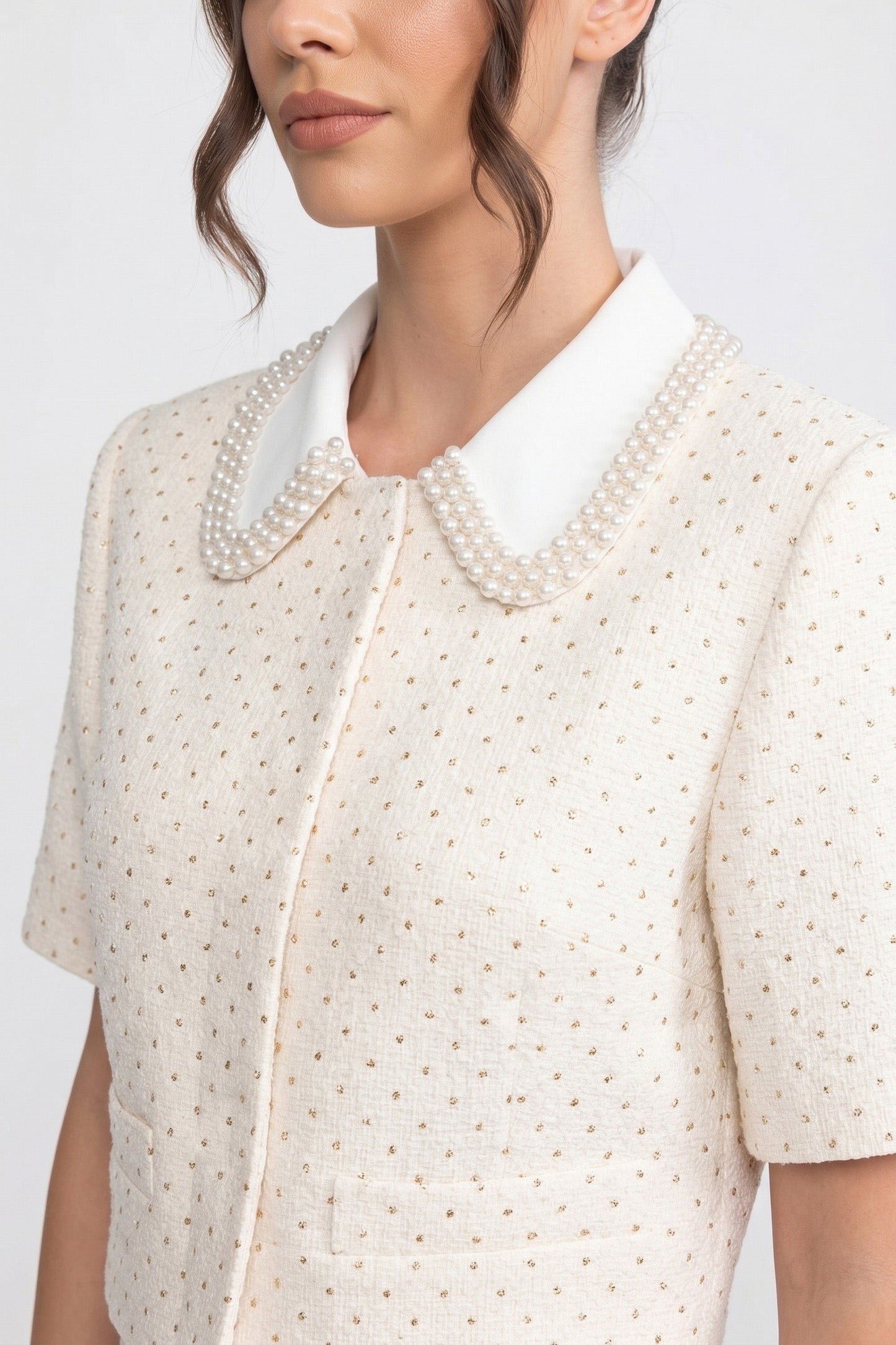 Short Sleeve Tweed Cropped Jacket | Women | Crystal Collar | Embellished | Ivoire | Steven & Levon