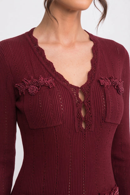 V-Neck Knit Midi Dress | Women's Long Sleeve Knit Dress | Ruffle Hem | Bow Cuffs | Burgundy | Steven & Levon
