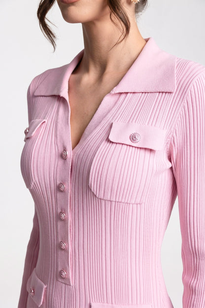 Button Front Knit Maxi Dress | Women's Long Sleeve Knit Dress | Patch Pockets | Pink | Steven & Levon