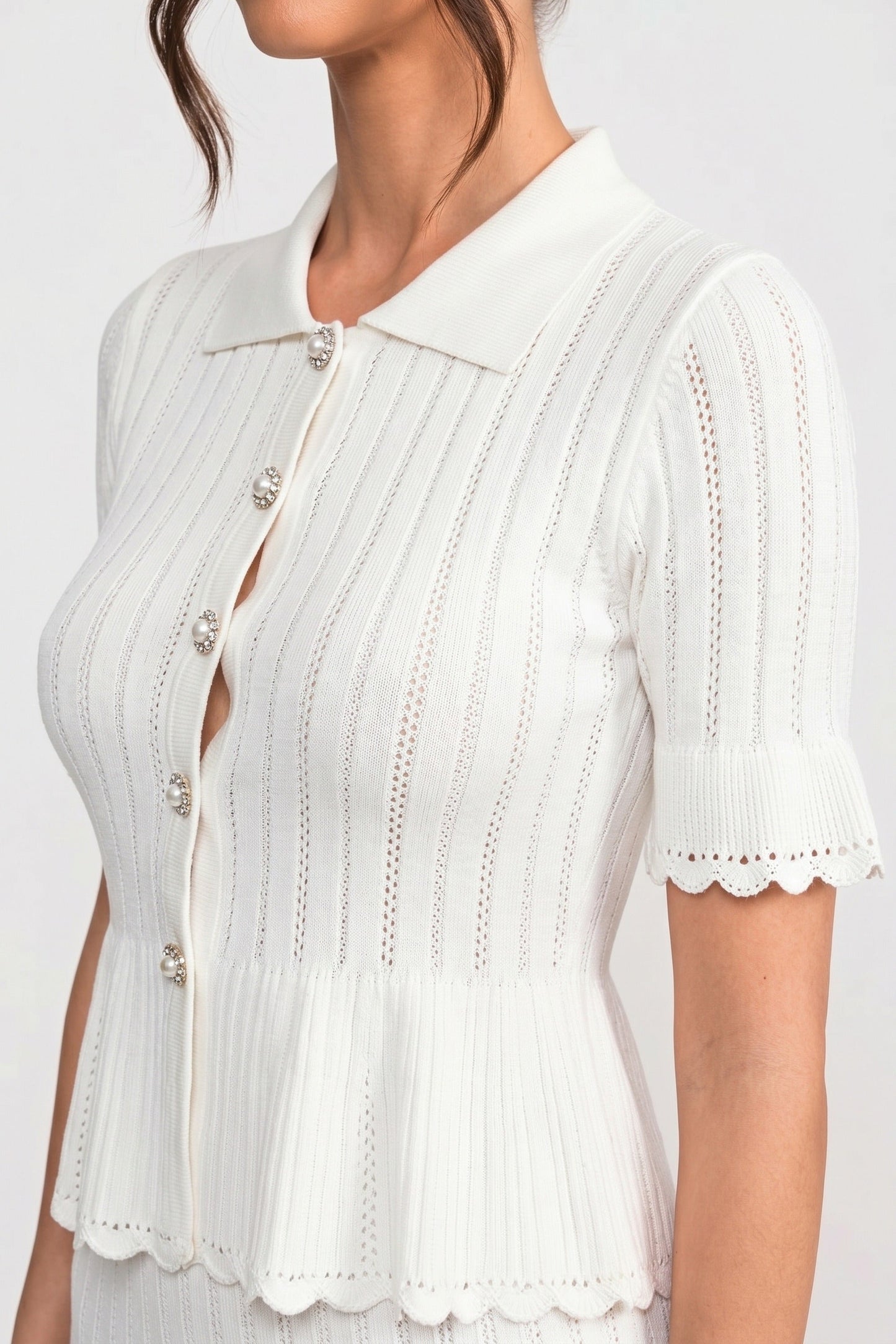 Peter Pan Collar Knit Top & Skirt Set | Women | Lace Hem | Button Front | White | Steven & Levon