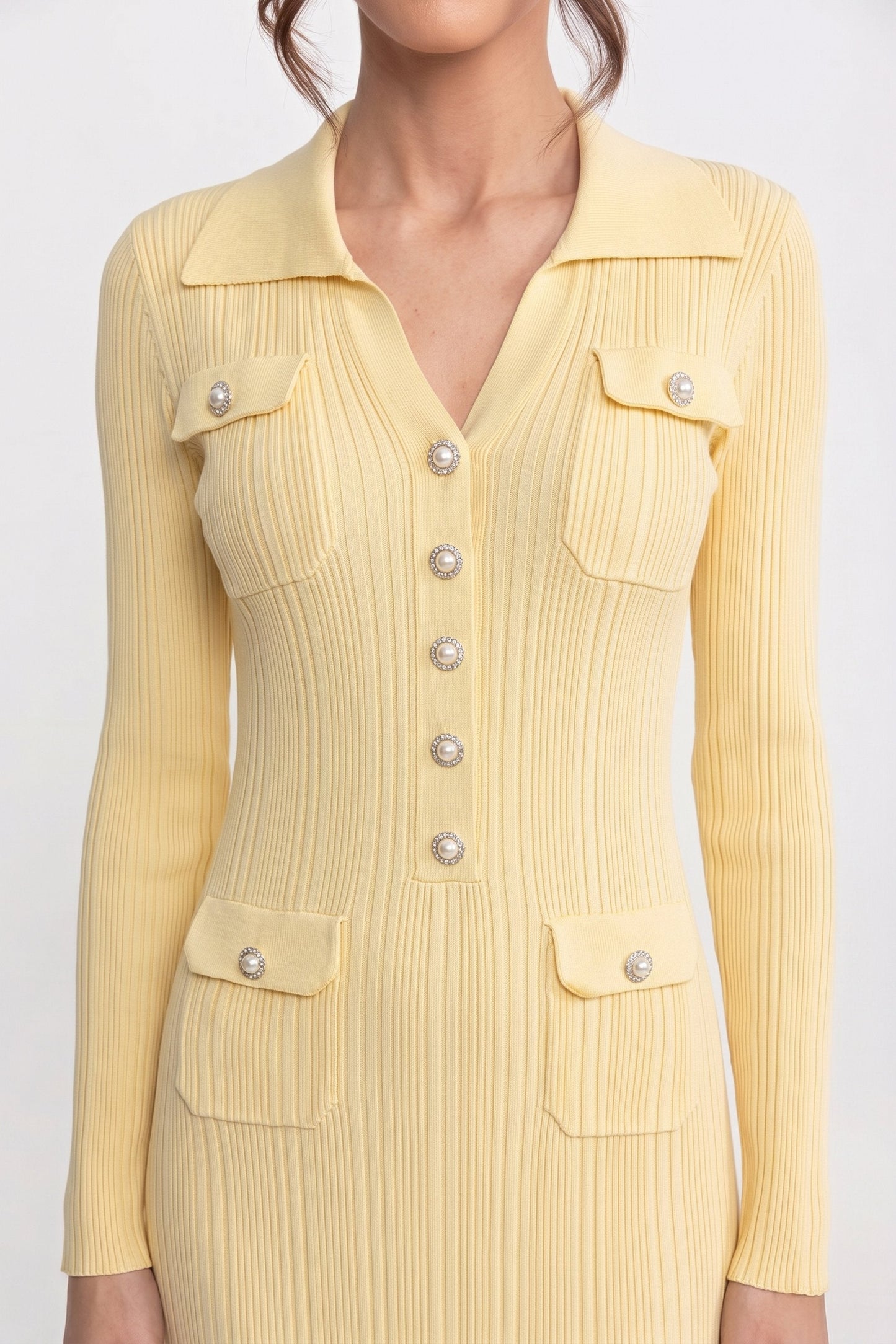 Button Front Knit Maxi Dress | Women's Long Sleeve Knit Dress | Patch Pockets | Yellow | Steven & Levon