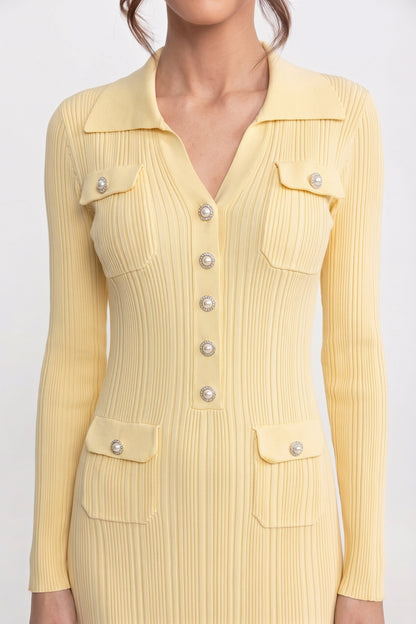 Button Front Knit Maxi Dress | Women's Long Sleeve Knit Dress | Patch Pockets | Yellow | Steven & Levon