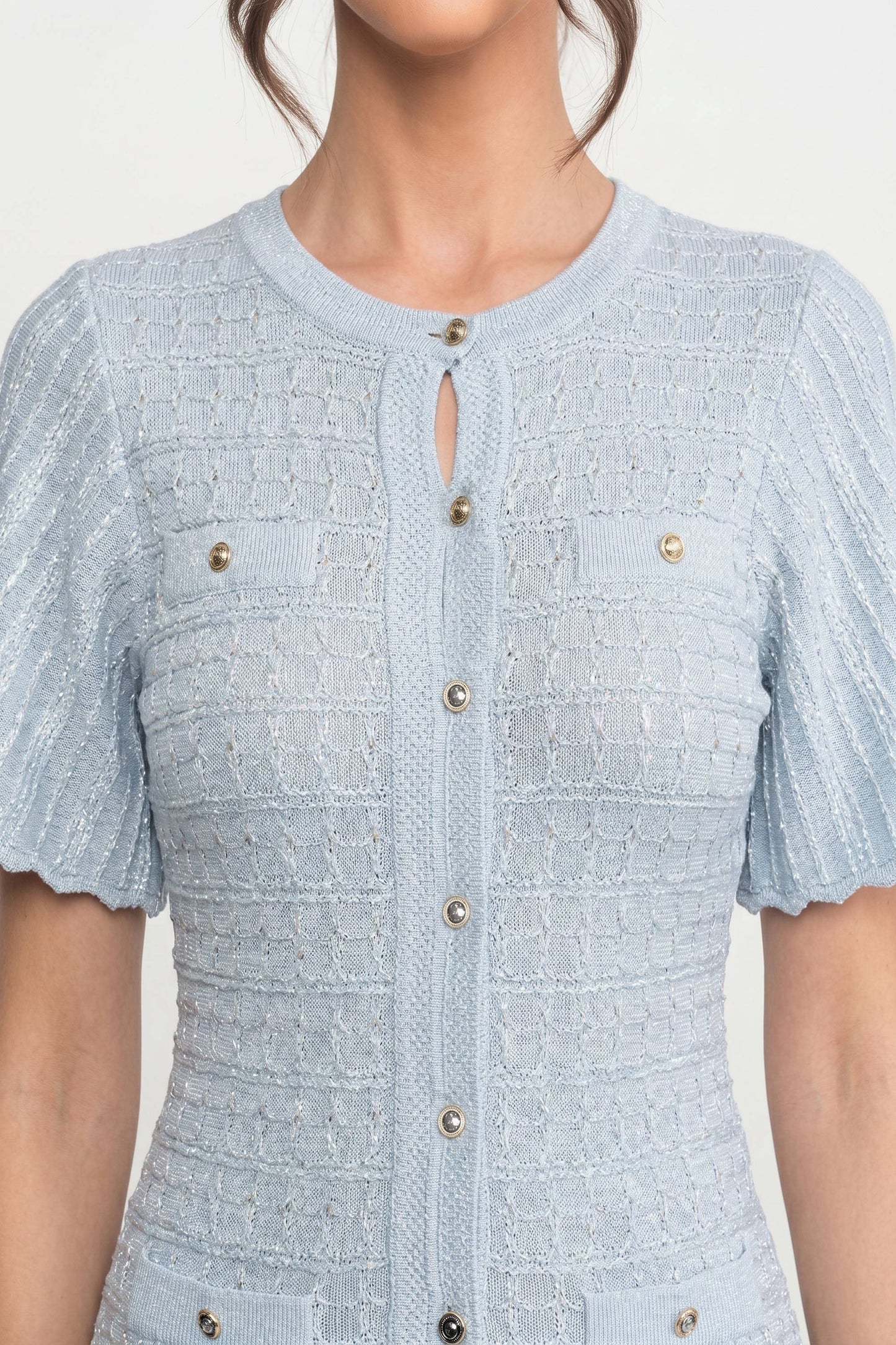 Short Sleeve Midi Dress | Women | Shimmer Knit Texture | Light Blue | Lightweight Elegant Dress | Steven & Levon