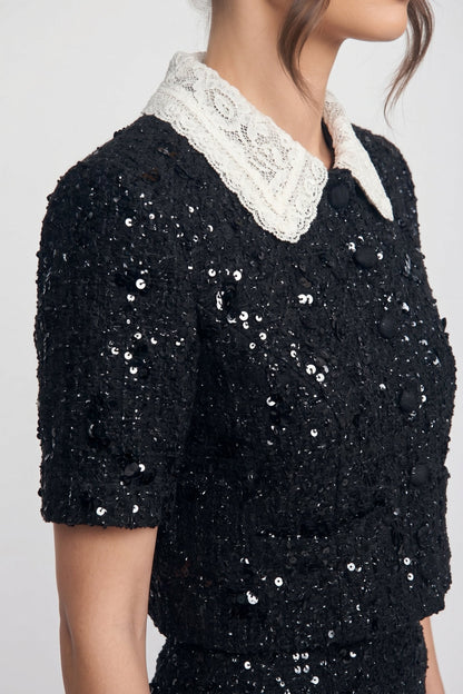 Tweed Cropped Jacket | Women | Contrast Collar | Sequin Detail | Black | Steven & Levon