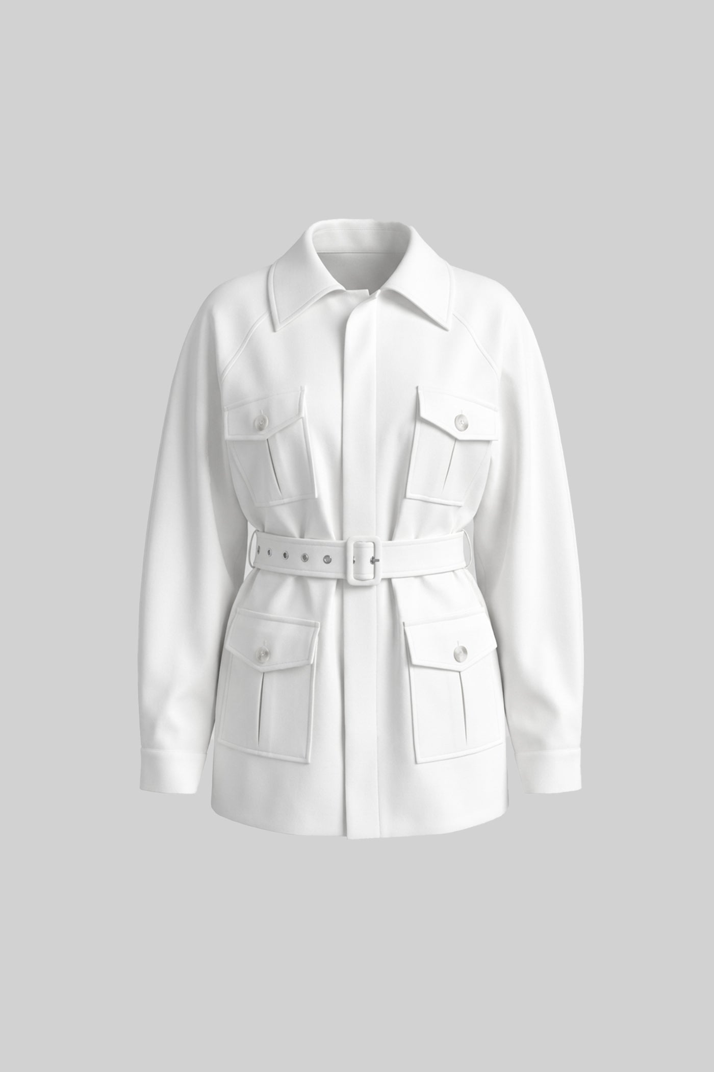 Women's Belted Trench Jacket | Polyester | Oversized Patch Pockets, Utility Style White Outerwear | Steven & Levon