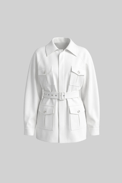 Women's Belted Trench Jacket | Polyester | Oversized Patch Pockets, Utility Style White Outerwear | Steven & Levon