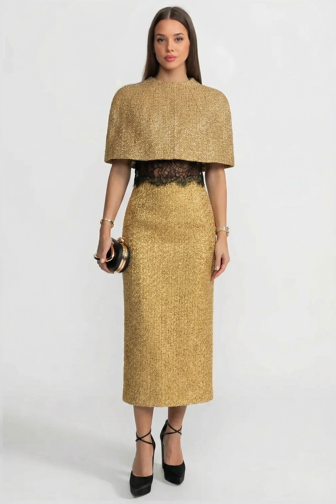 Textured Cape | Women's Metallic Woven Cape | Gold Shimmer Finish, Open Front Statement Outerwear | Steven & Levon