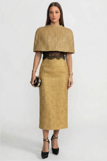 Textured Cape | Women's Metallic Woven Cape | Gold Shimmer Finish, Open Front Statement Outerwear | Steven & Levon