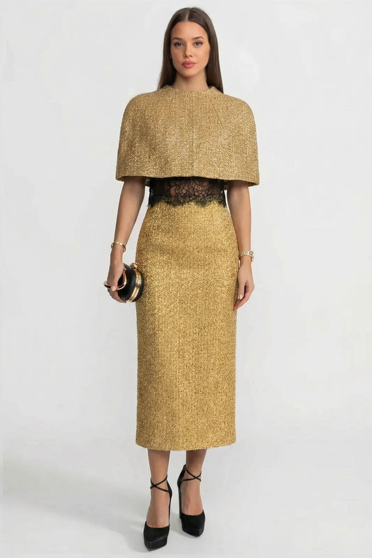 Textured Cape | Women's Metallic Woven Cape | Gold Shimmer Finish, Open Front Statement Outerwear | Steven & Levon