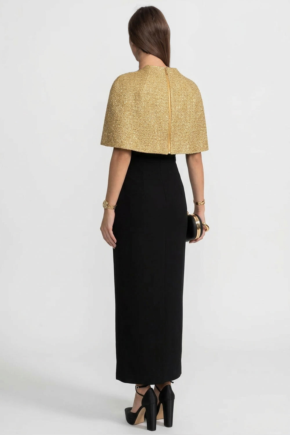 Textured Cape | Women's Metallic Woven Cape | Gold Shimmer Finish, Open Front Statement Outerwear | Steven & Levon