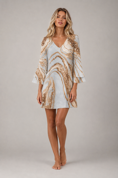 Elegant Flare Sleeve Mini Dress | Women | Relaxed Fit Three Quarter Sleeve Summer Dress | Steven & Levon