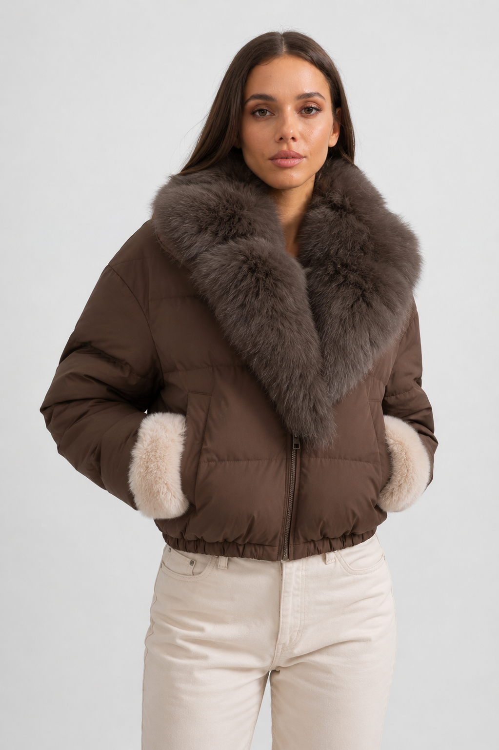 Women's Puffer Jacket | Duck Down | Real Fox Fur Hood | Brown Winter Coat | Steven & Levon
