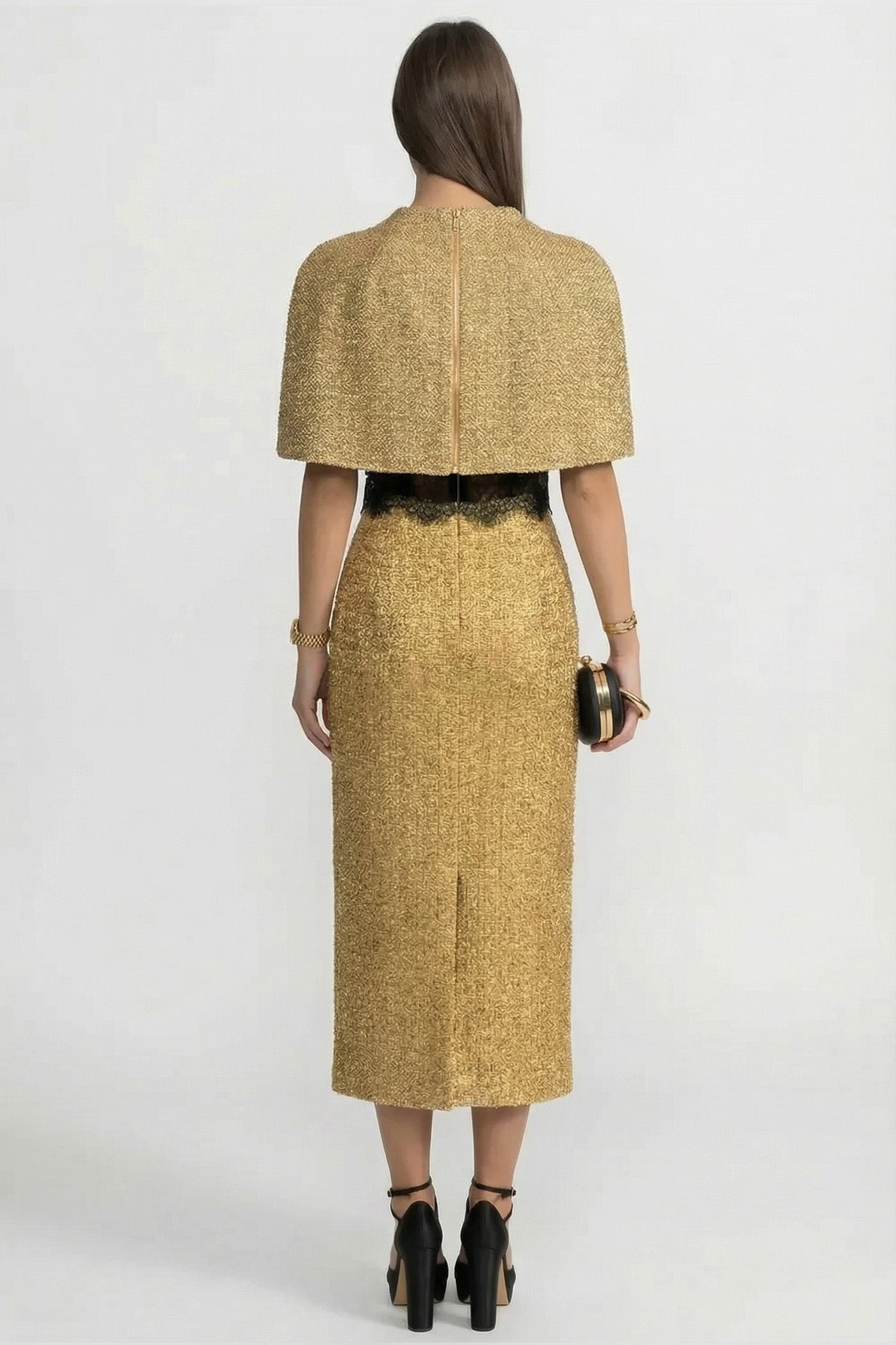 Textured Cape | Women's Metallic Woven Cape | Gold Shimmer Finish, Open Front Statement Outerwear | Steven & Levon
