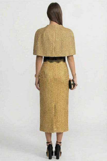 Textured Cape | Women's Metallic Woven Cape | Gold Shimmer Finish, Open Front Statement Outerwear | Steven & Levon