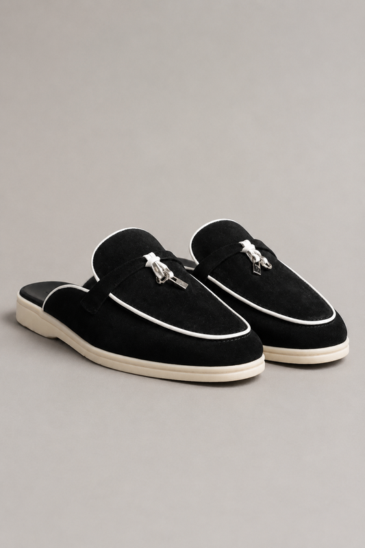 Suede Loafers | Women | Metal Charm Detail | Contrast Sole | Black & White | Steven & Levon
