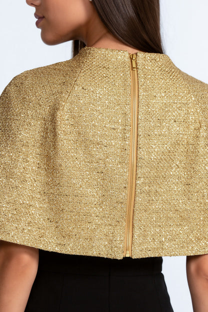 Textured Cape | Women's Metallic Woven Cape | Gold Shimmer Finish, Open Front Statement Outerwear | Steven & Levon