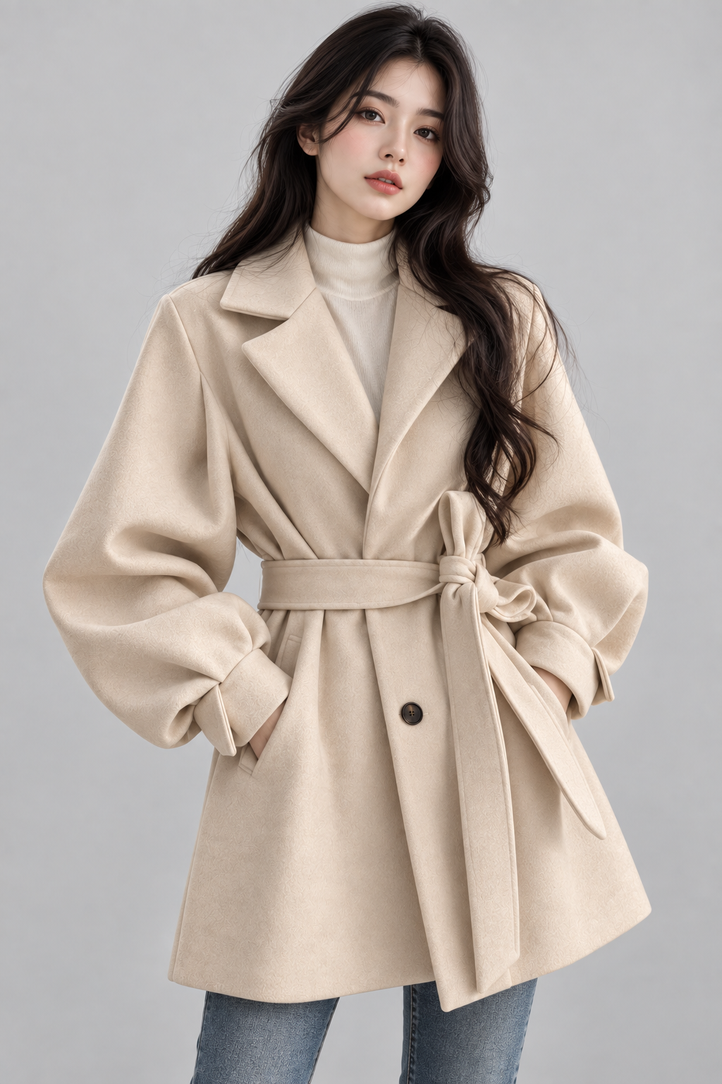 Women's Wool Coat | Lantern Sleeves | Turn-Down Collar | Lace-Up | Warm | Winter | Steven & Levon