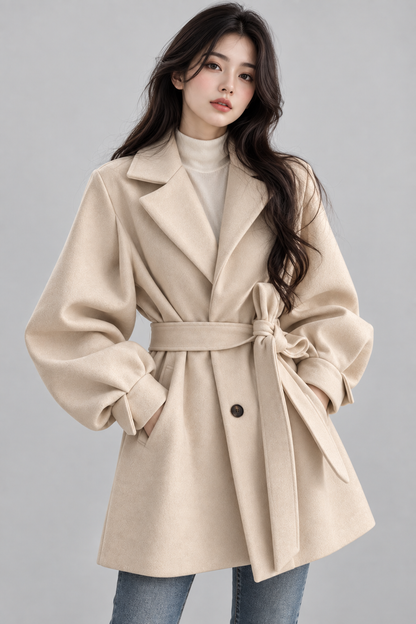 Women's Wool Coat | Lantern Sleeves | Turn-Down Collar | Lace-Up | Warm | Winter | Steven & Levon