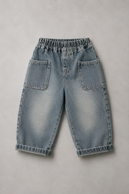 Kids Loose Fit Denim Pants | Boys | Elastic Waist | Large Pocket Jeans | Casual | Steven & Levon