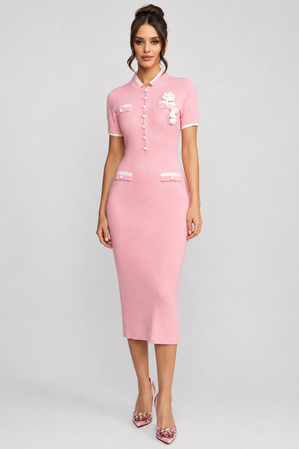 Ribbed Knit Midi Dress | Women | Contrast Trim | Decorative Pockets | Pink | Steven & Levon