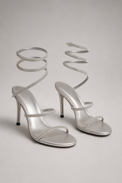 Sparkling Snake Strap High Heels | Women | Pointed Toe | Silver | Evening Party Shoes | Steven & Levon