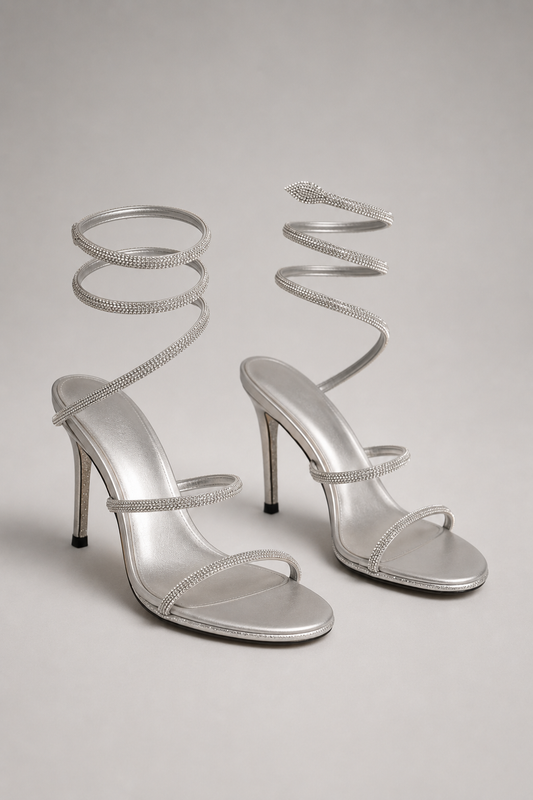 Sparkling Snake Strap High Heels | Women | Pointed Toe | Silver | Evening Party Shoes | Steven & Levon