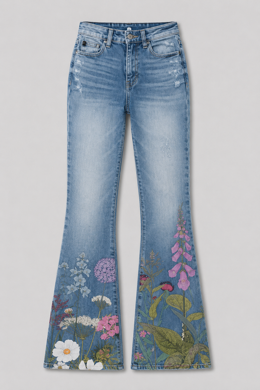 Women's High-Waist Floral Flare Jeans | Botanical Print Denim Pants | Retro Stretch Jeans | Steven & Levon