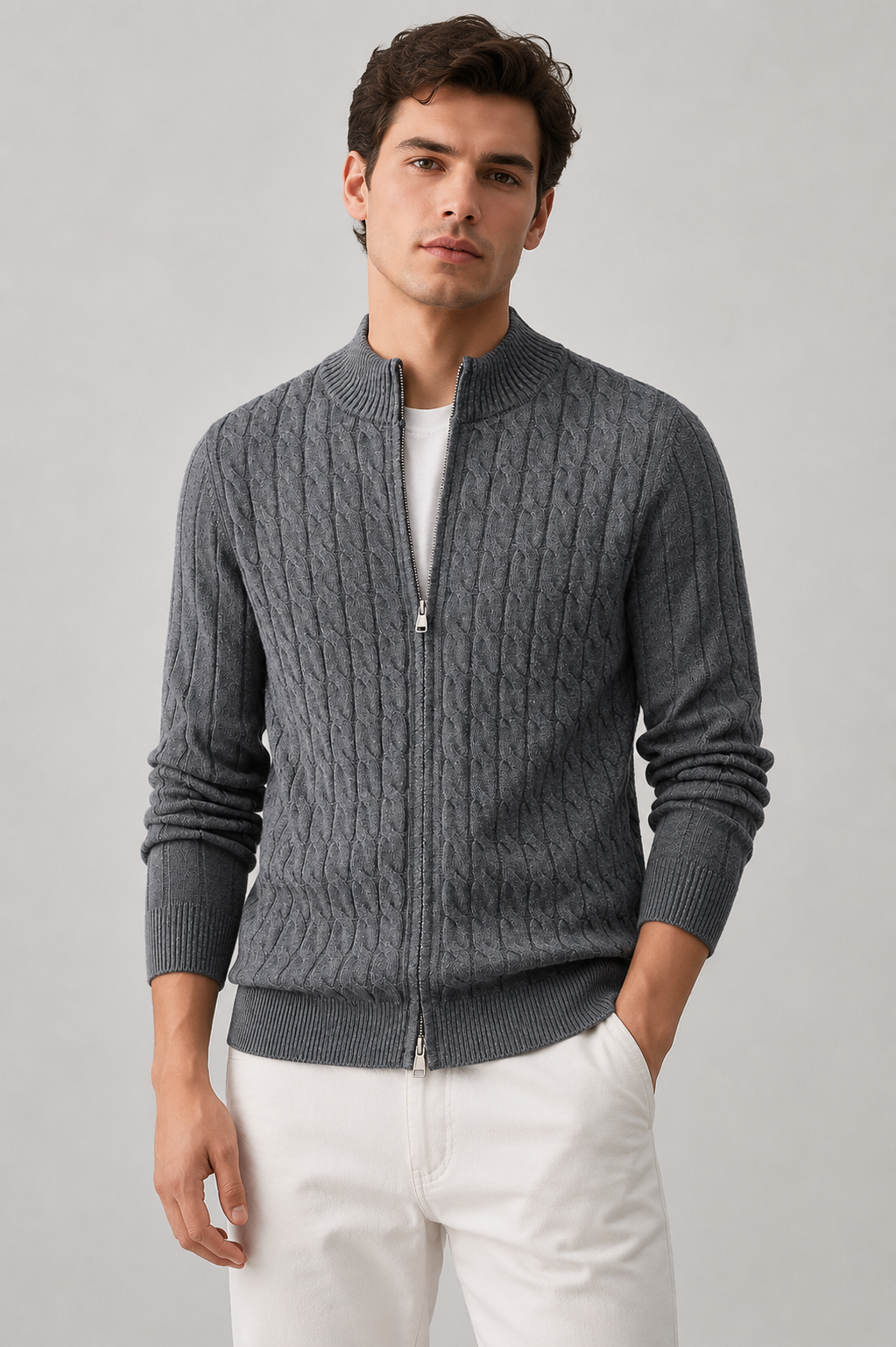 Men's Cable Knit Zip Cardigan | Stand Collar | Regular Fit | Warm Knit Sweater | Steven & Levon