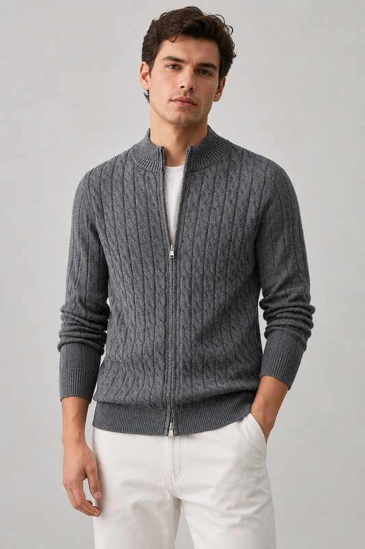 Men's Cable Knit Zip Cardigan | Stand Collar | Regular Fit | Warm Knit Sweater | Steven & Levon