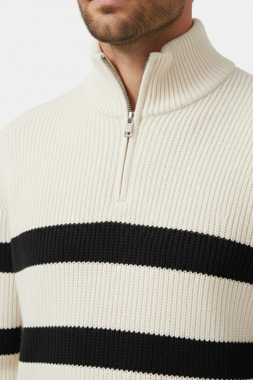 Men's Striped Half Zip Sweater | Ribbed Knit | Mock Neck | Long Sleeve | Soft Knit | Steven & Levon