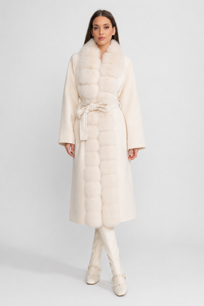 Women's Wool Blend Long Coat | Plush Fur Front | Ivory Winter Coat | Elegant | Steven & Levon