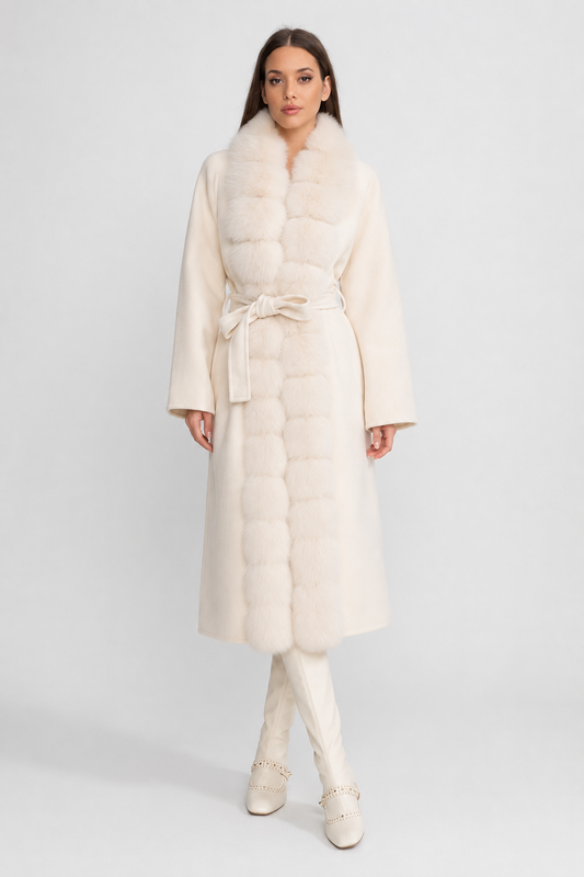Women's Wool Blend Long Coat | Plush Fur Front | Ivory Winter Coat | Elegant | Steven & Levon