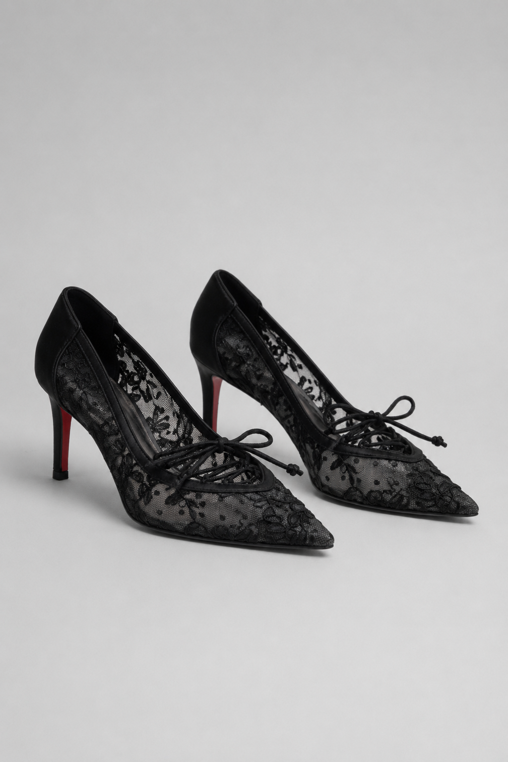 Sheer Lace Pointed Toe Pumps | Women | Bow Detail | Lace-Up Vamp | Black | Steven & Levon